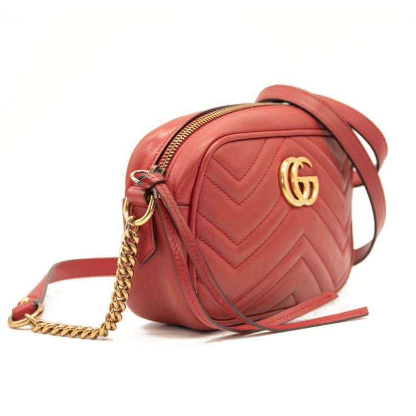 Gucci Calfskin Matelasse Mini GG Marmont Chain Shoulder Bag Hibiscus Red