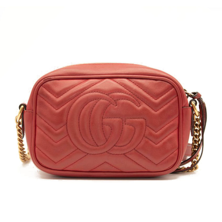 Gucci Calfskin Matelasse Mini GG Marmont Chain Shoulder Bag Hibiscus Red