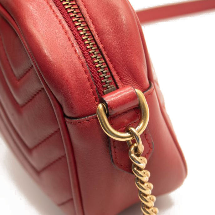 Gucci Calfskin Matelasse Mini GG Marmont Chain Shoulder Bag Hibiscus Red