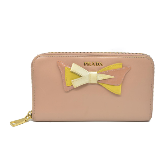 $925 PRADA Logo Ribbon Leather Long Bifold Wallet Light Pink