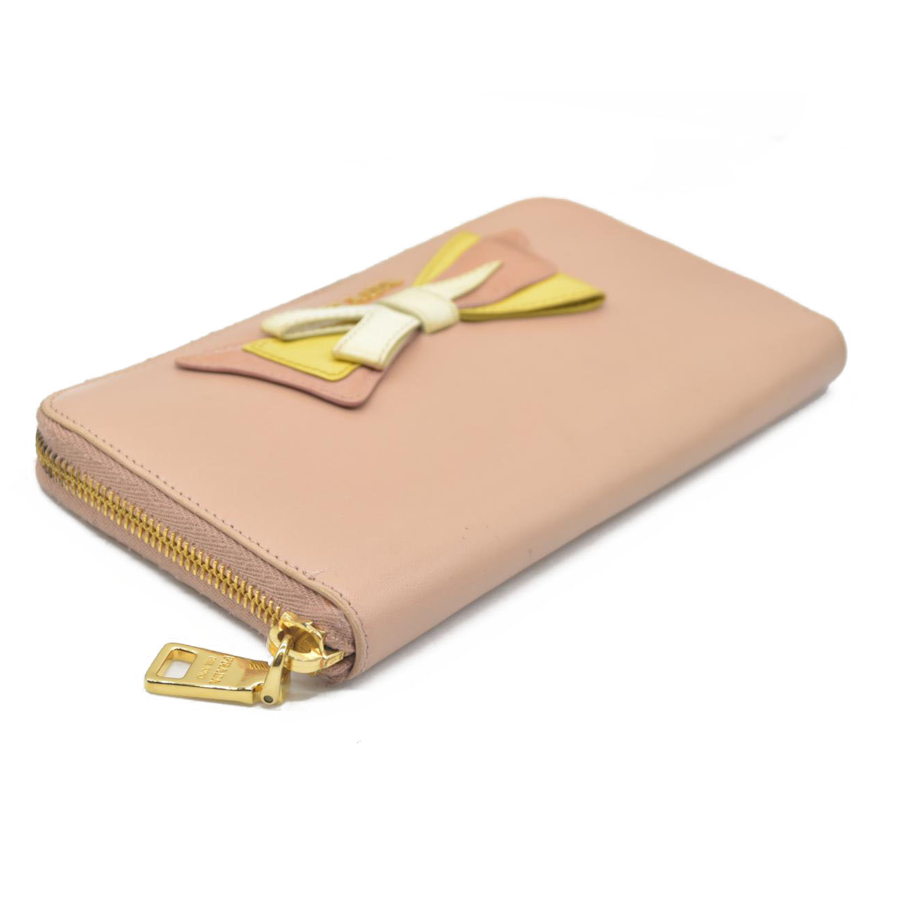 $925 PRADA Logo Ribbon Leather Long Bifold Wallet Light Pink