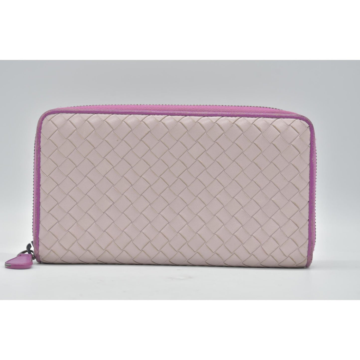 $760 Bottega Veneta Nappa Intrecciato Zip Around Wallet Bicolor Purple Pink CONSIGNMENT