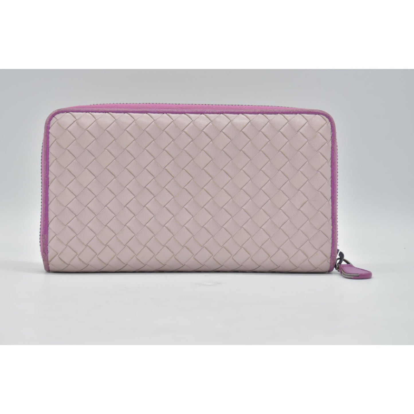 $760 Bottega Veneta Nappa Intrecciato Zip Around Wallet Bicolor Purple Pink CONSIGNMENT