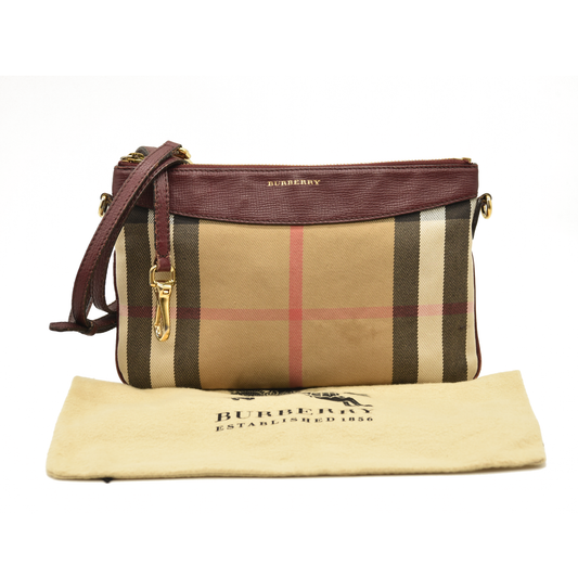 Burberry  House Check Derby Peyton Crossbody Clutch Bag Mahogany Red