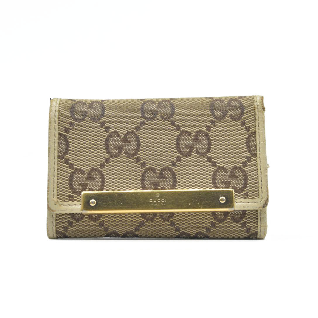 GUCCI Logo Plate GG Logo Canvas 6 Ring Key Case Beige