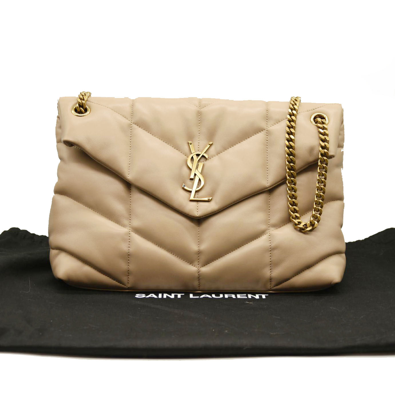 SAINT LAURENT  Lambskin Quilted Medium Loulou Puffer Monogram Chain Satchel Dark Beige