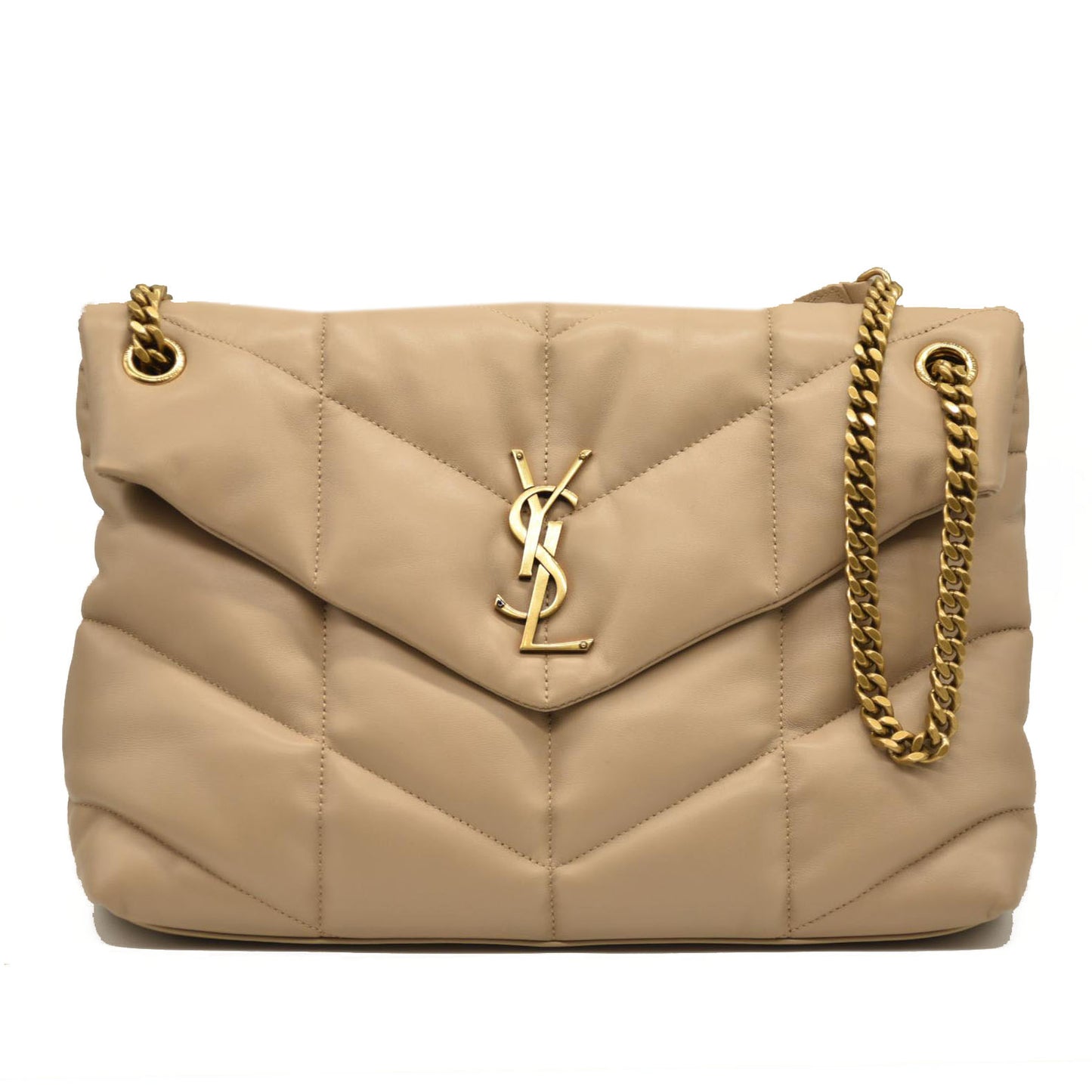 SAINT LAURENT  Lambskin Quilted Medium Loulou Puffer Monogram Chain Satchel Dark Beige