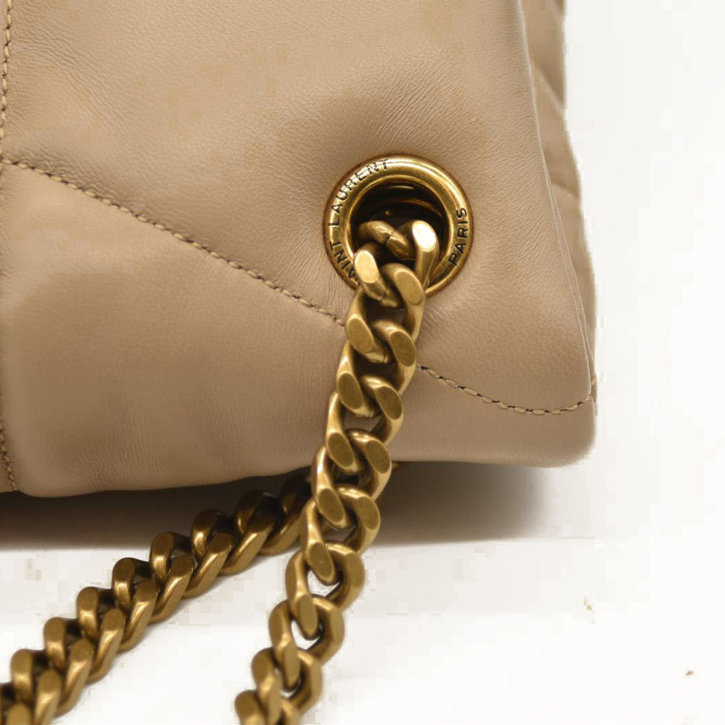 SAINT LAURENT  Lambskin Quilted Medium Loulou Puffer Monogram Chain Satchel Dark Beige