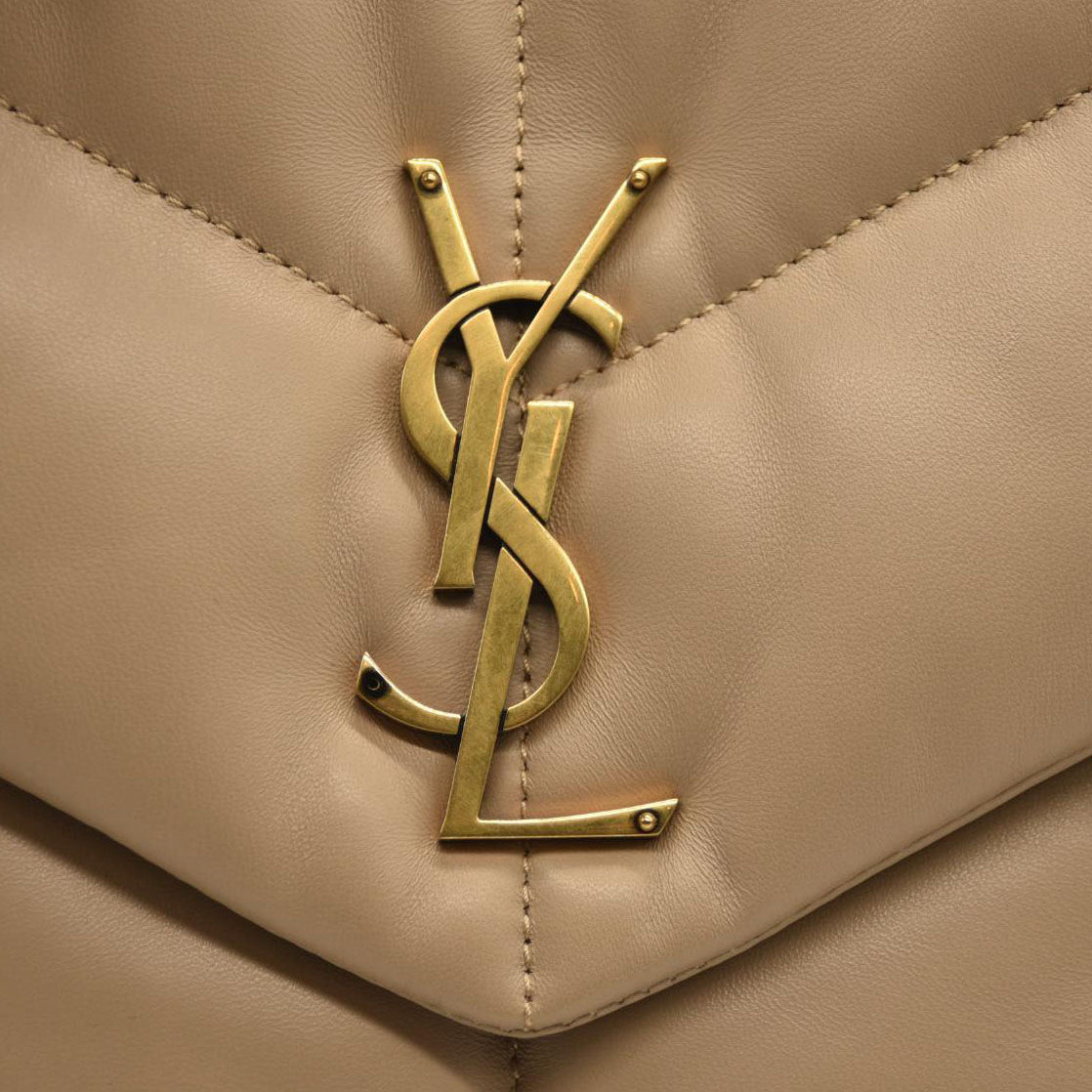SAINT LAURENT  Lambskin Quilted Medium Loulou Puffer Monogram Chain Satchel Dark Beige