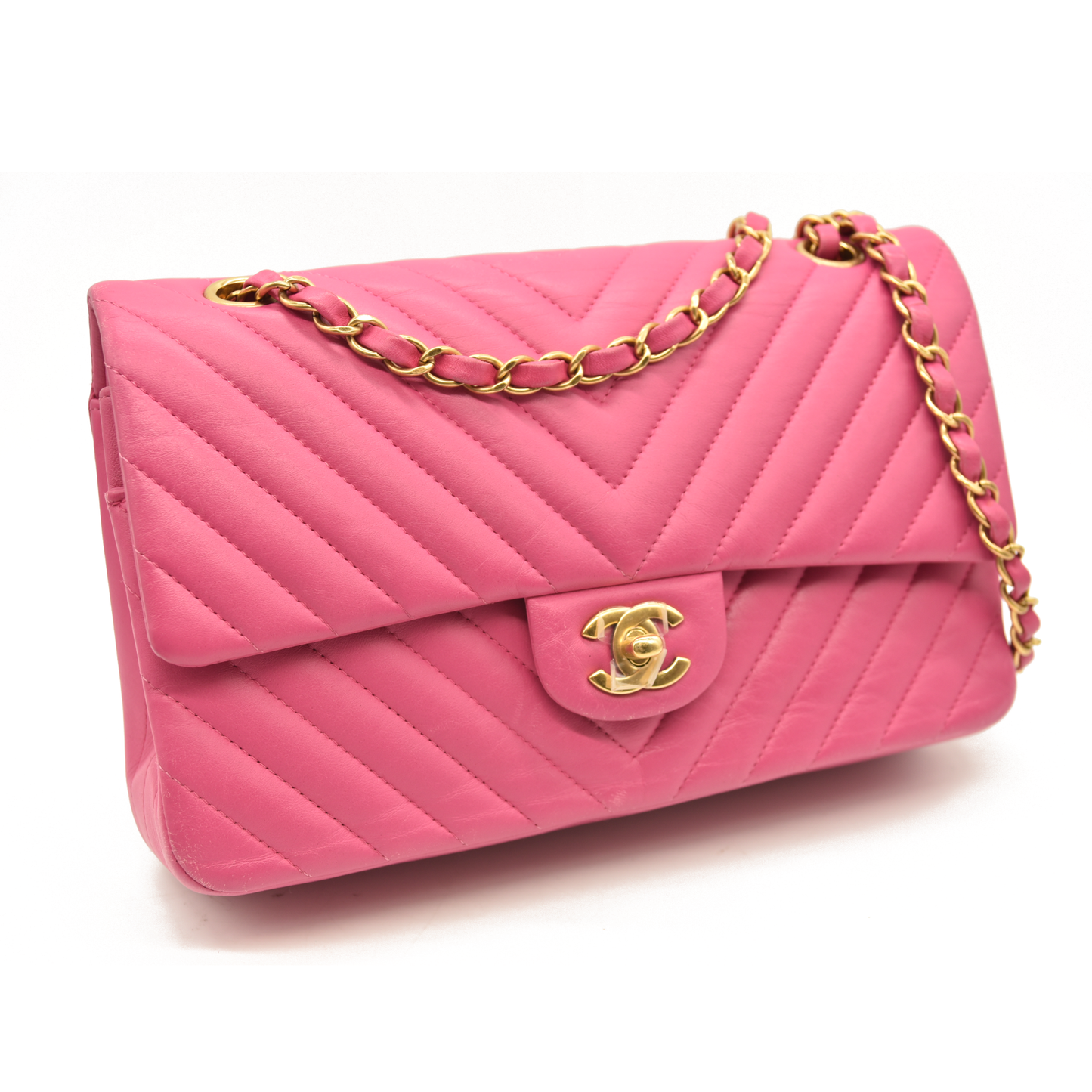 Chanel  Lambskin Chevron Quilted Medium Double Flap Pink