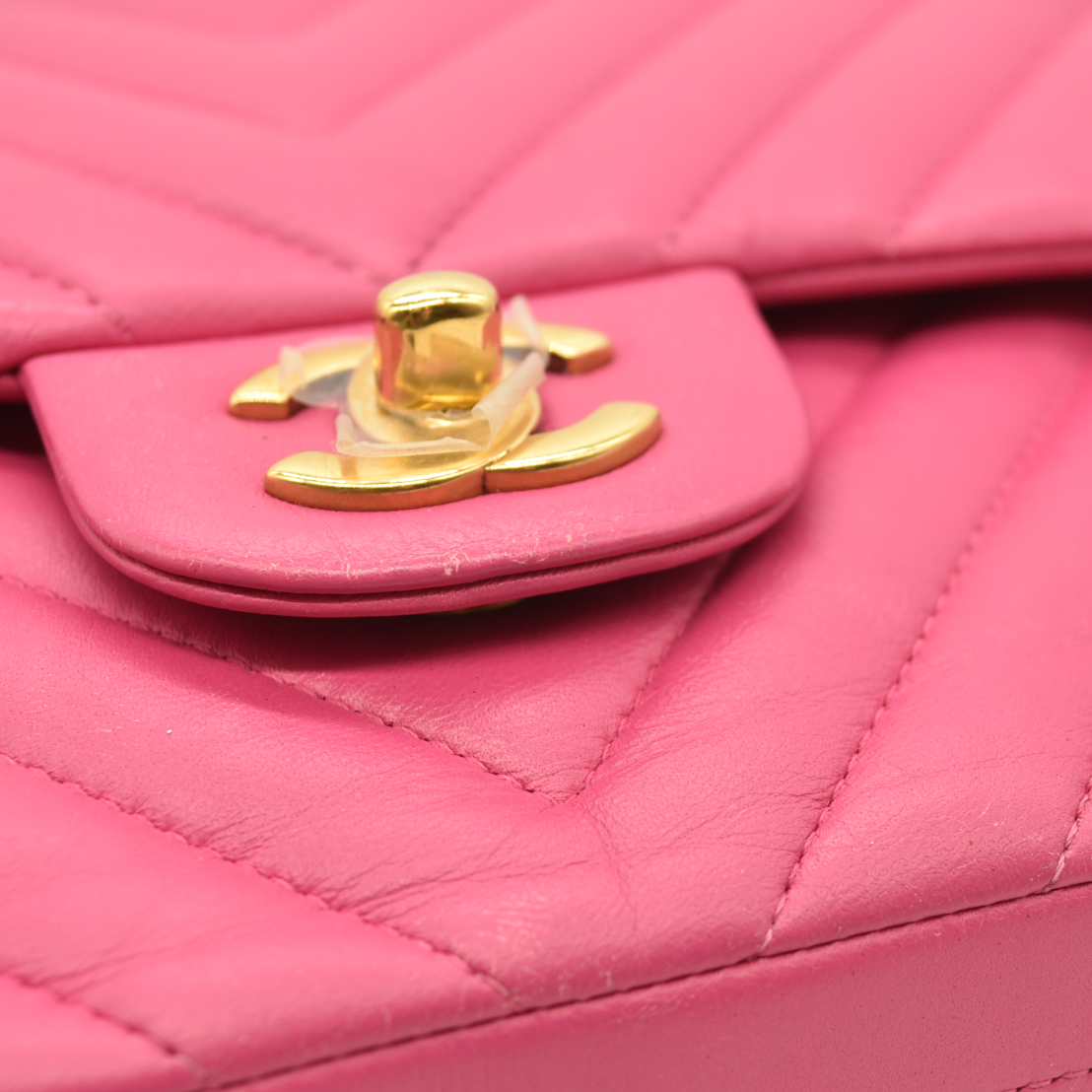 Chanel  Lambskin Chevron Quilted Medium Double Flap Pink