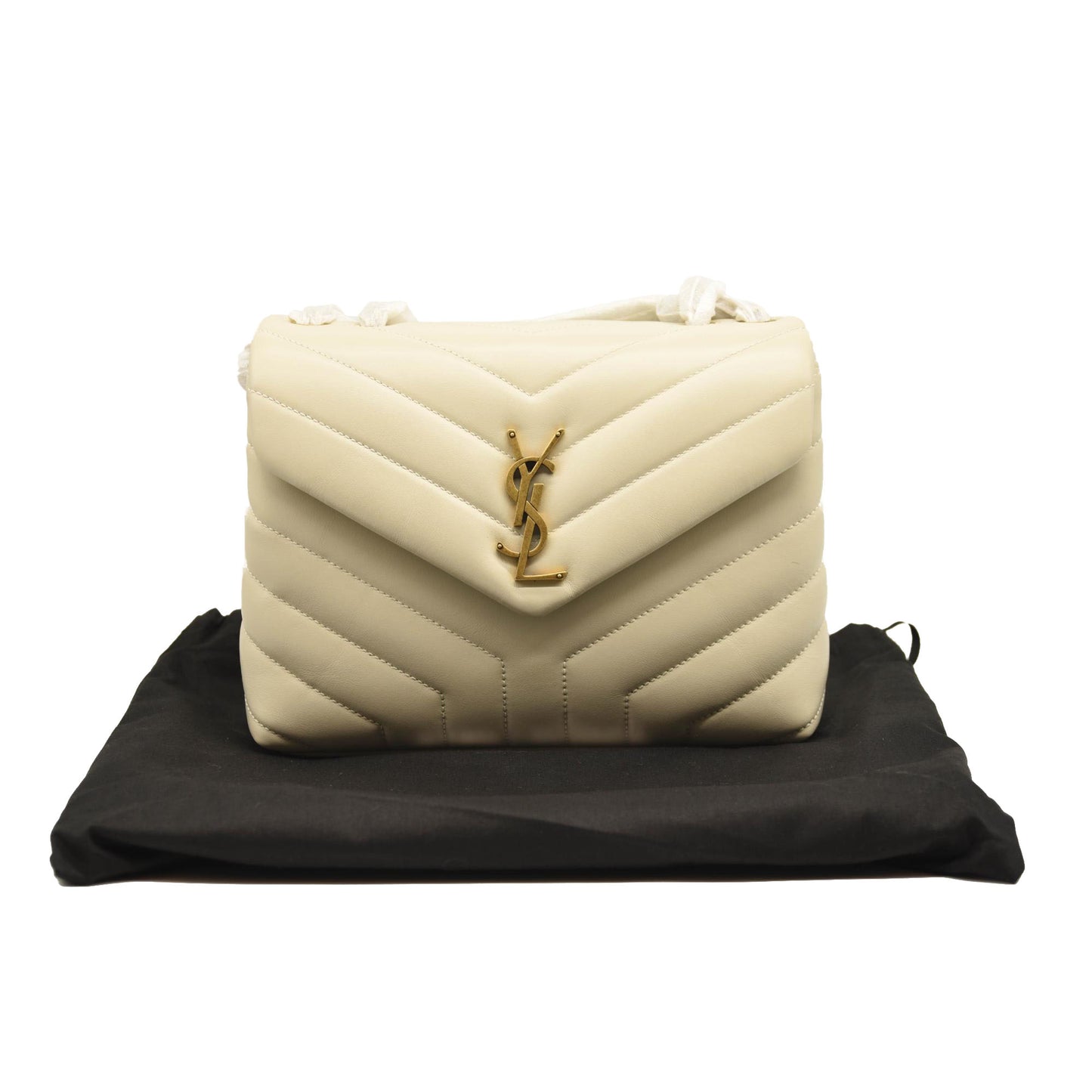 SAINT LAURENT Calfskin Y Quilted Monogram Small Loulou Chain Satchel Crema Soft