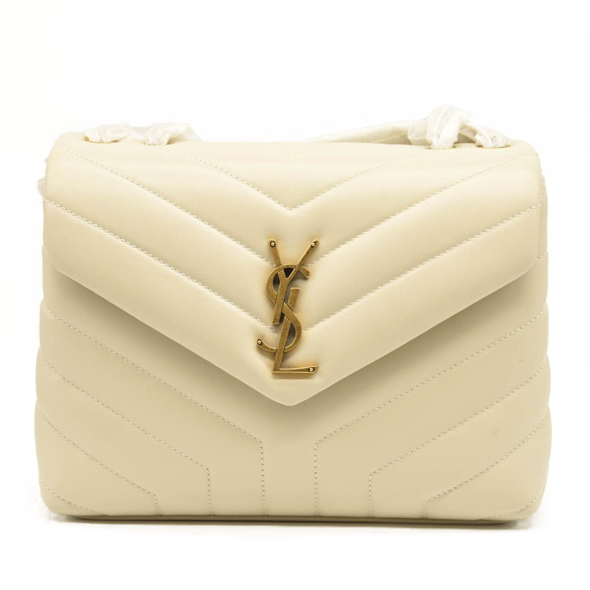 SAINT LAURENT Calfskin Y Quilted Monogram Small Loulou Chain Satchel Crema Soft