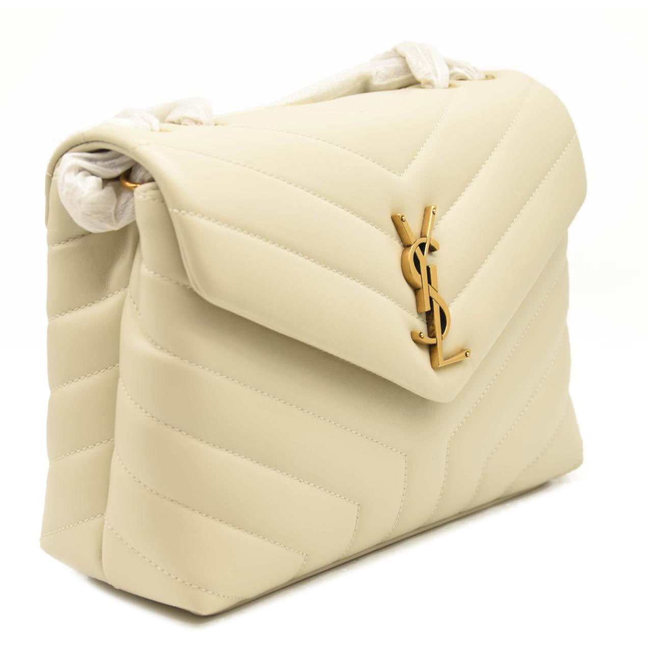 SAINT LAURENT Calfskin Y Quilted Monogram Small Loulou Chain Satchel Crema Soft