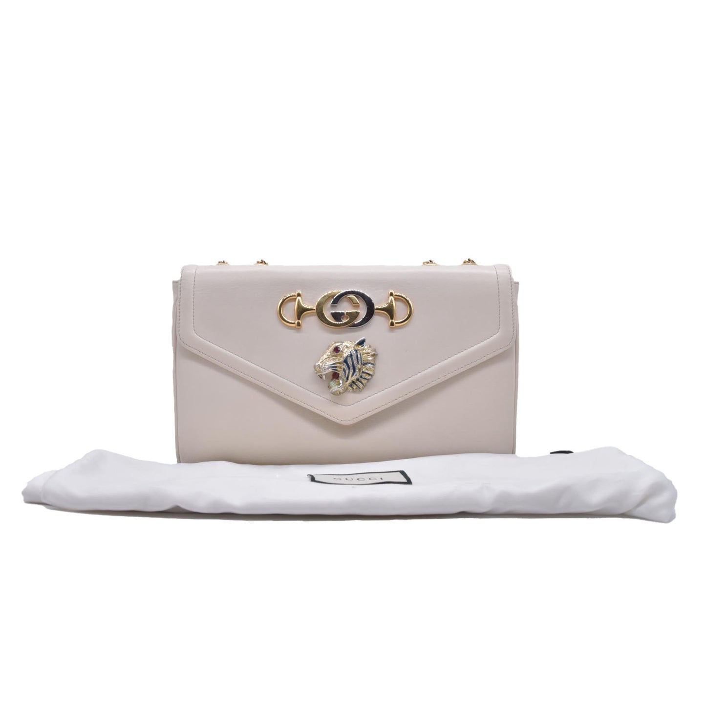 $2980 GUCCI Smooth Calfskin Medium Rajah Shoulder Bag White CONSIGNMENT