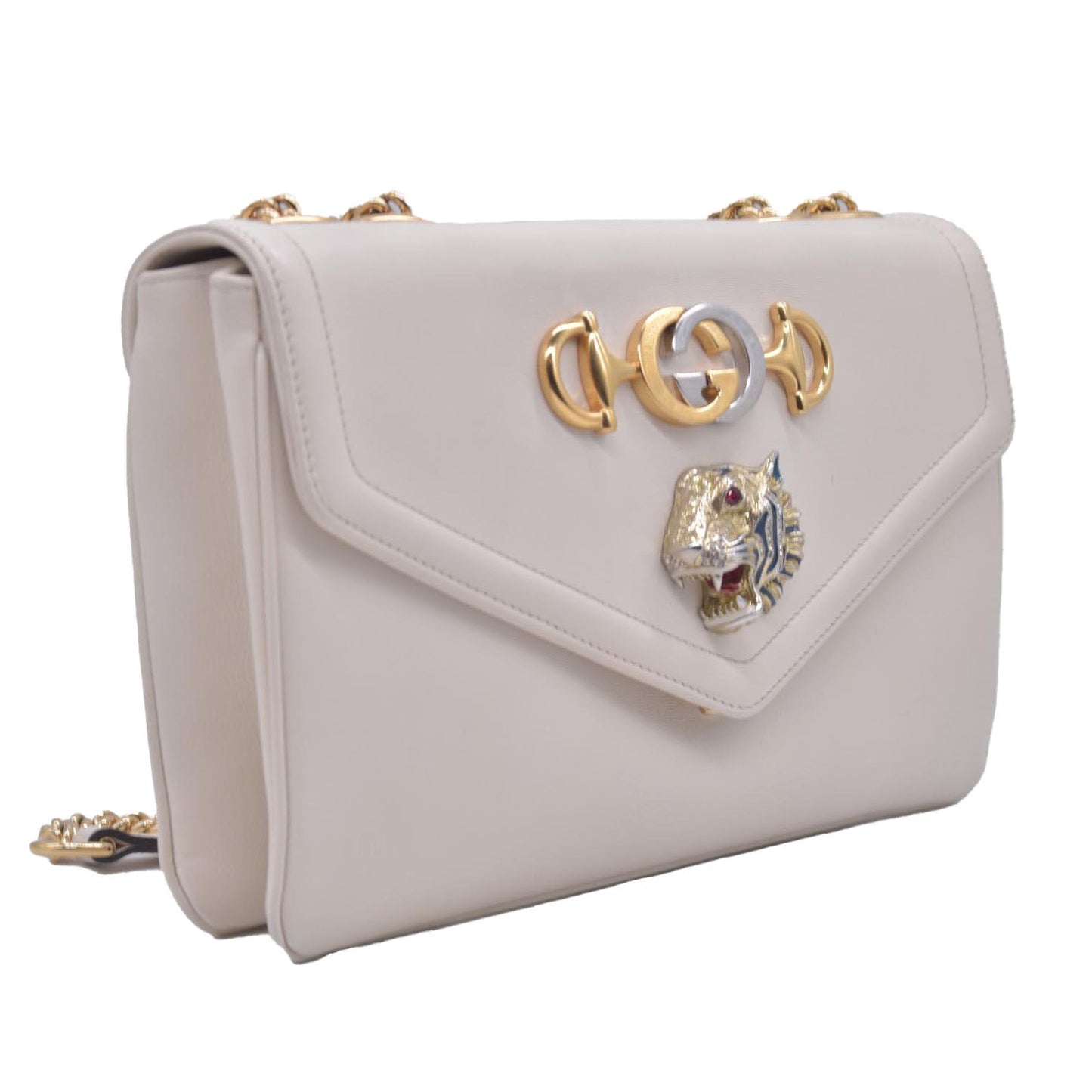 $2980 GUCCI Smooth Calfskin Medium Rajah Shoulder Bag White CONSIGNMENT