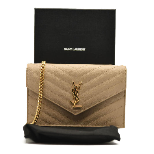 SAINT LAURENT Grain De Poudre Matelasse Chevron Monogram Chain Wallet Dark Beige
