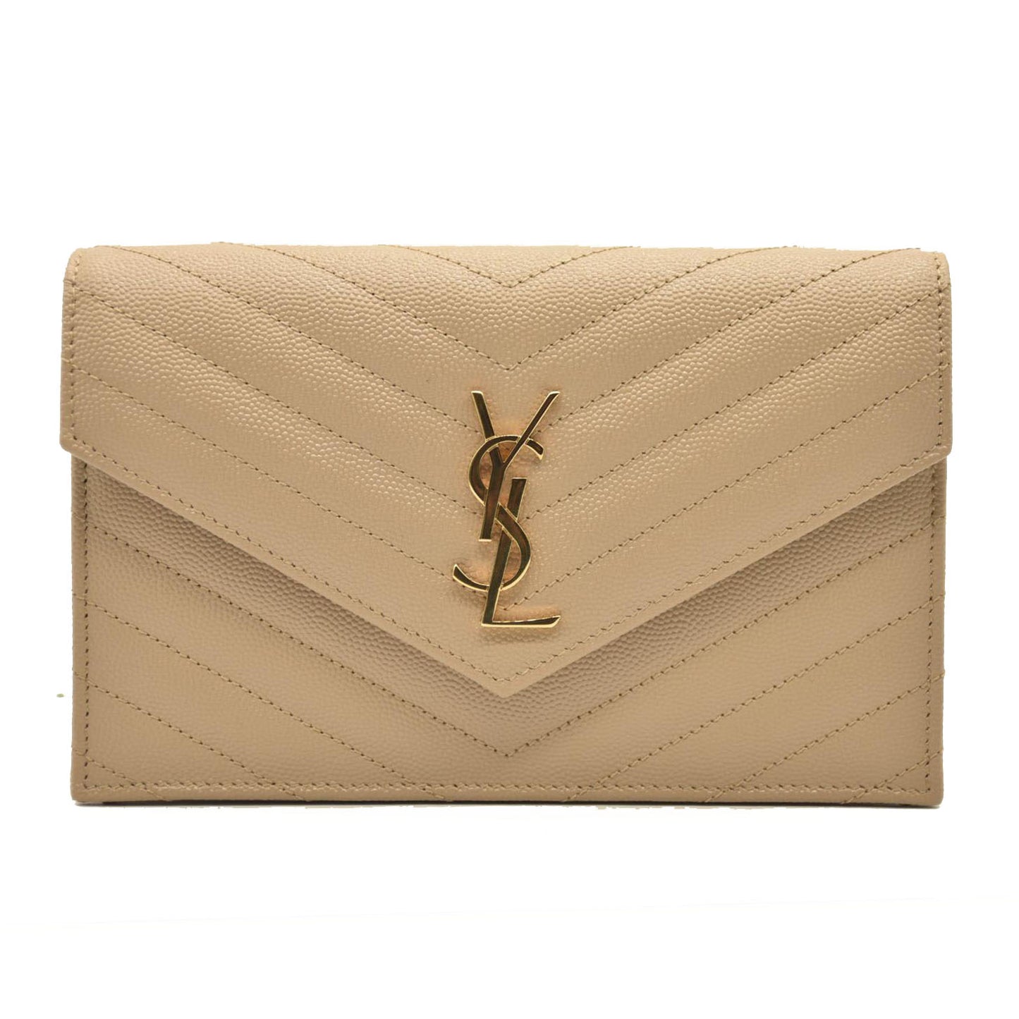 SAINT LAURENT Grain De Poudre Matelasse Chevron Monogram Chain Wallet Dark Beige