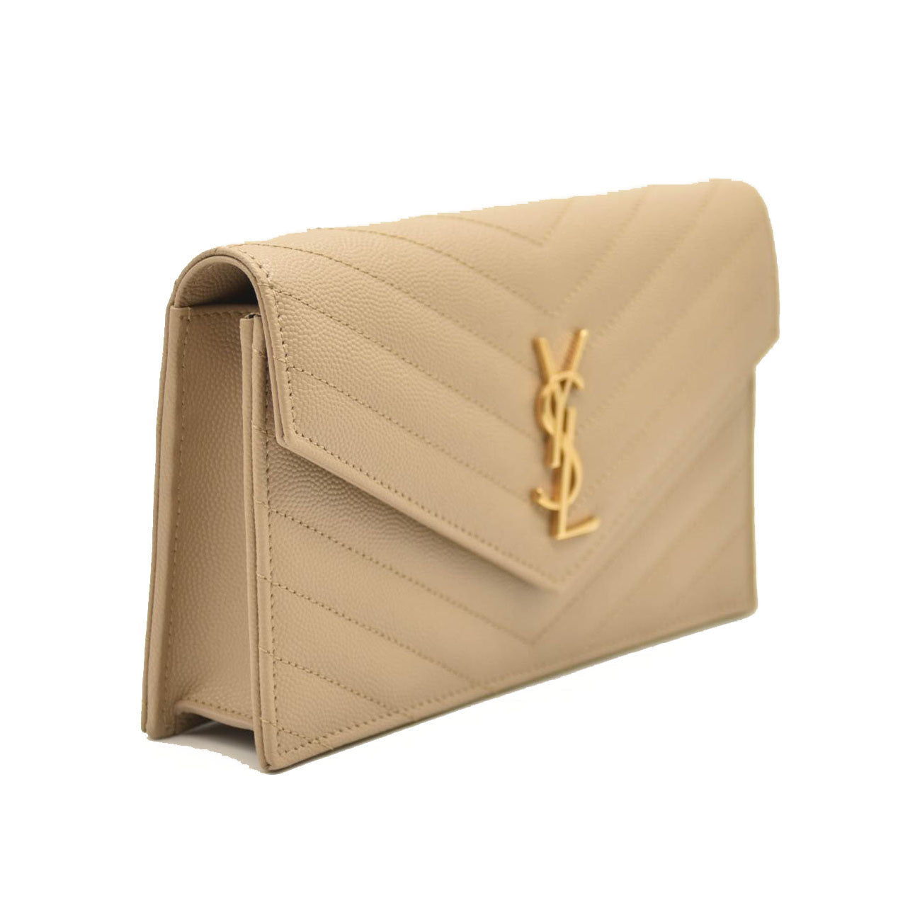 SAINT LAURENT Grain De Poudre Matelasse Chevron Monogram Chain Wallet Dark Beige