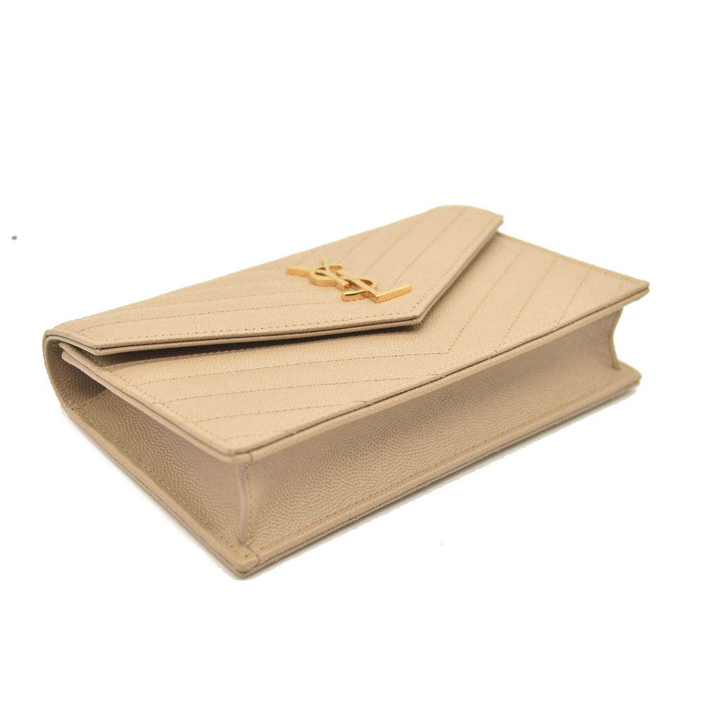 SAINT LAURENT Grain De Poudre Matelasse Chevron Monogram Chain Wallet Dark Beige