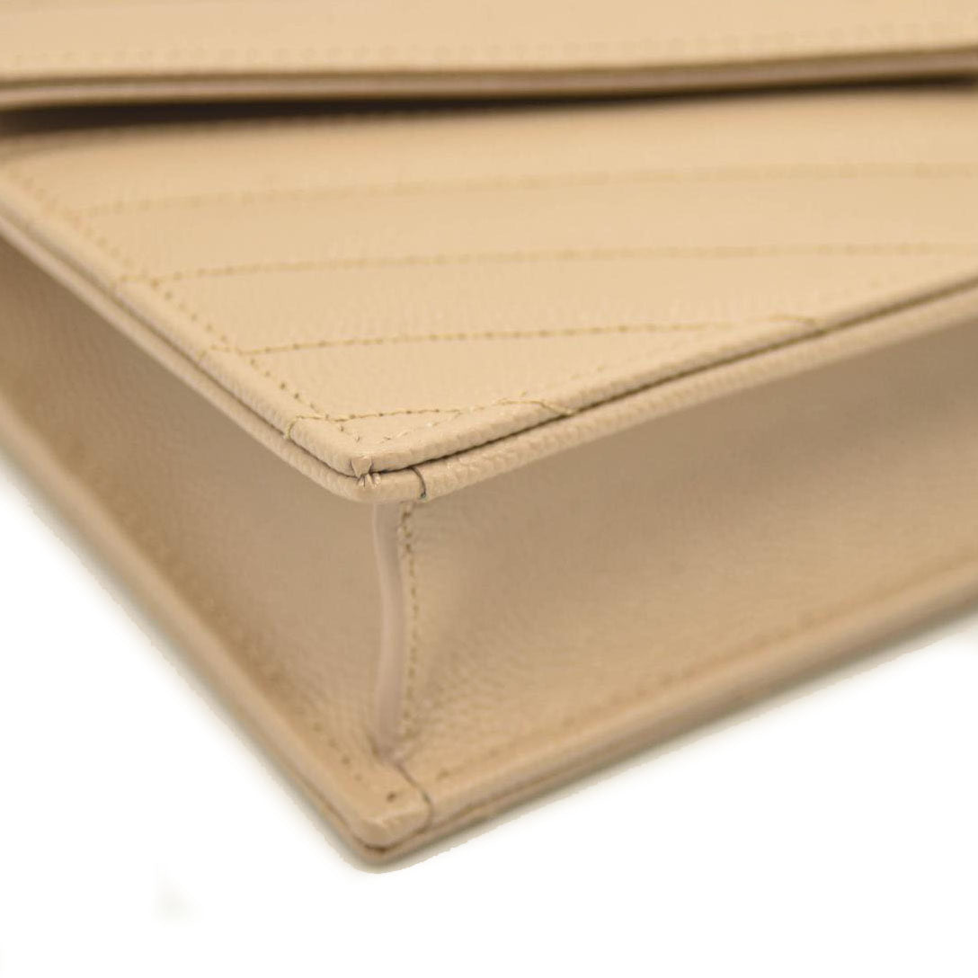 SAINT LAURENT Grain De Poudre Matelasse Chevron Monogram Chain Wallet Dark Beige