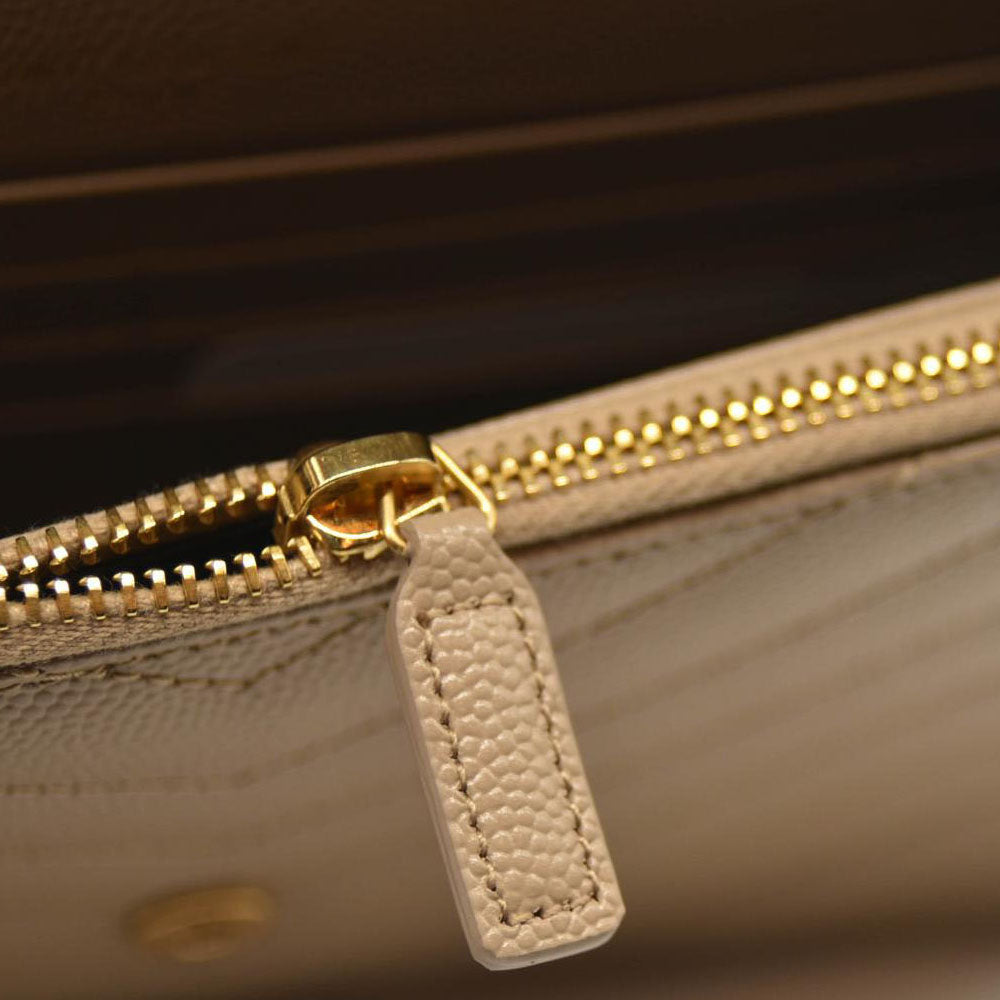 SAINT LAURENT Grain De Poudre Matelasse Chevron Monogram Chain Wallet Dark Beige