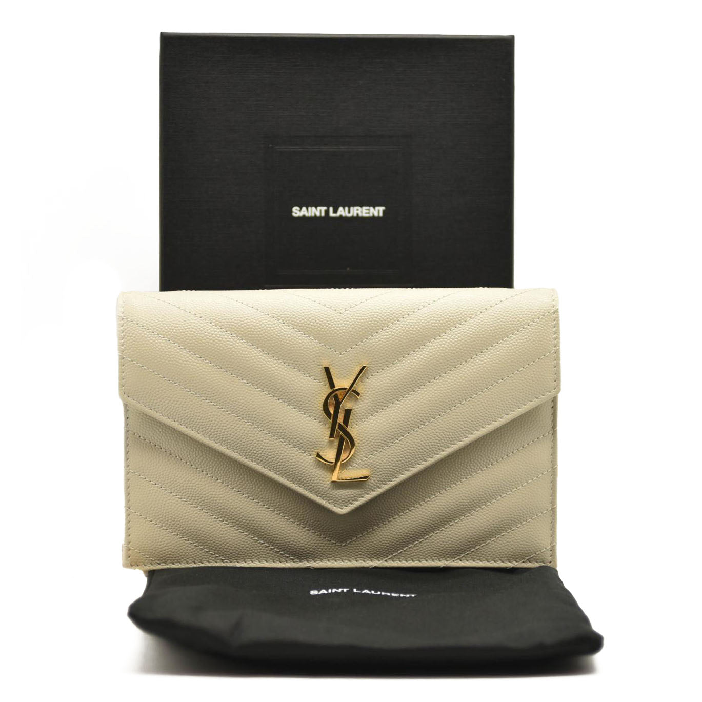 SAINT LAURENT Grain De Poudre Matelasse Chevron Cassandre Envelope Chain Wallet Crema Soft