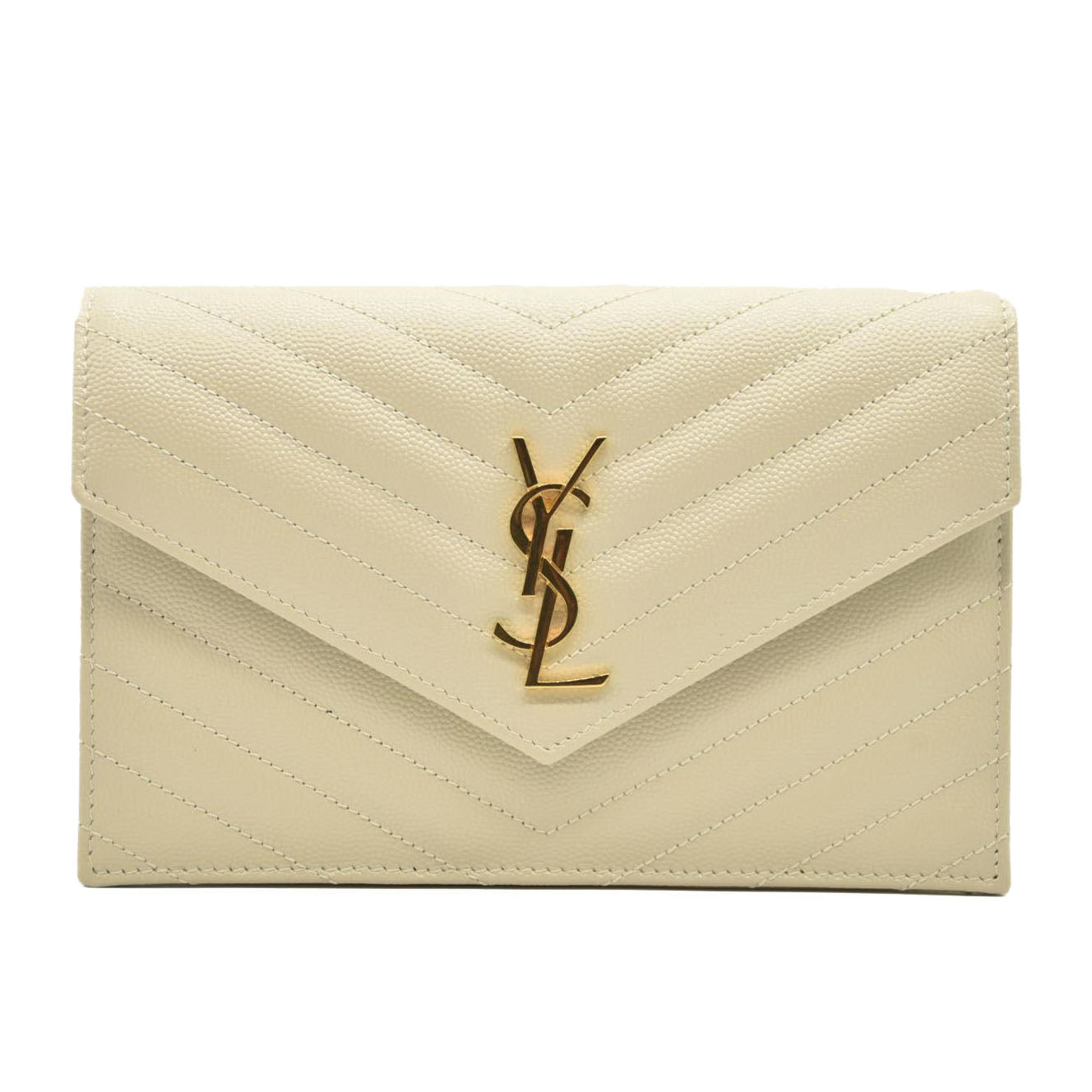 SAINT LAURENT Grain De Poudre Matelasse Chevron Cassandre Envelope Chain Wallet Crema Soft