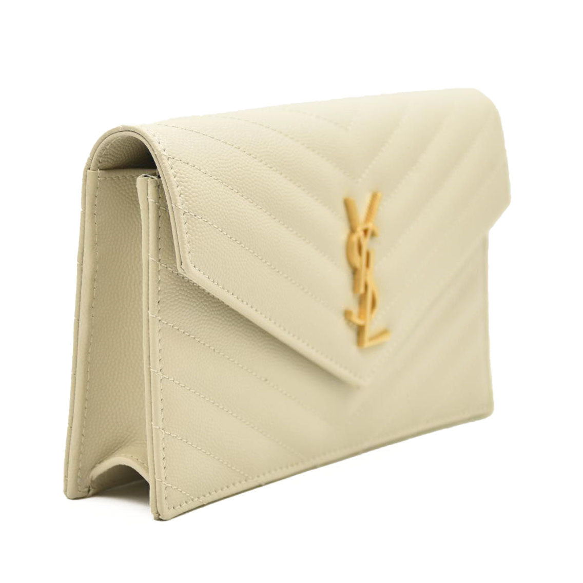 SAINT LAURENT Grain De Poudre Matelasse Chevron Cassandre Envelope Chain Wallet Crema Soft