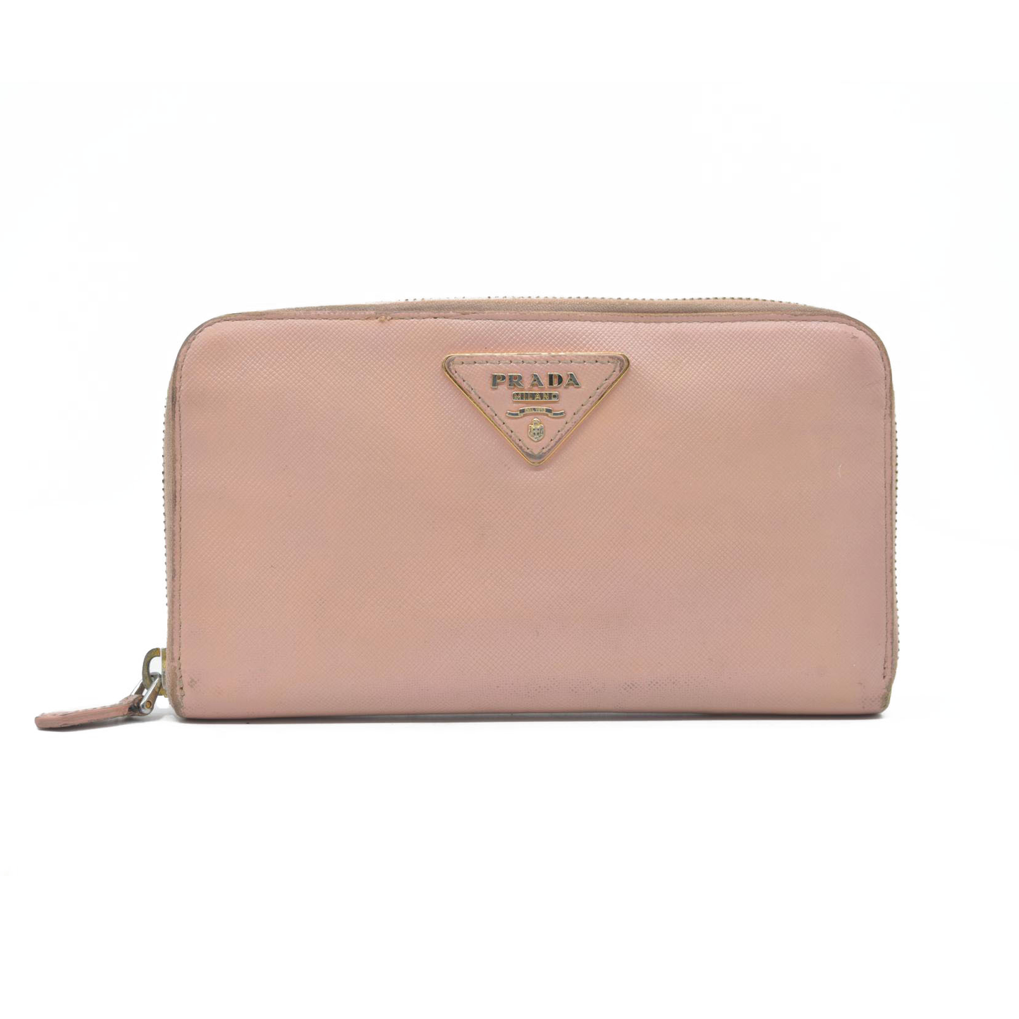 $1050 PRADA Logo Plate Saffiano Leather Zip Around Long Wallet Pink
