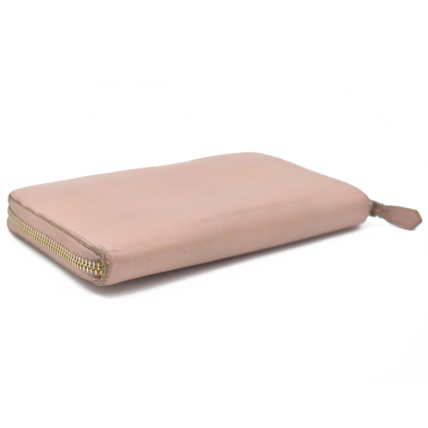 $1050 PRADA Logo Plate Saffiano Leather Zip Around Long Wallet Pink