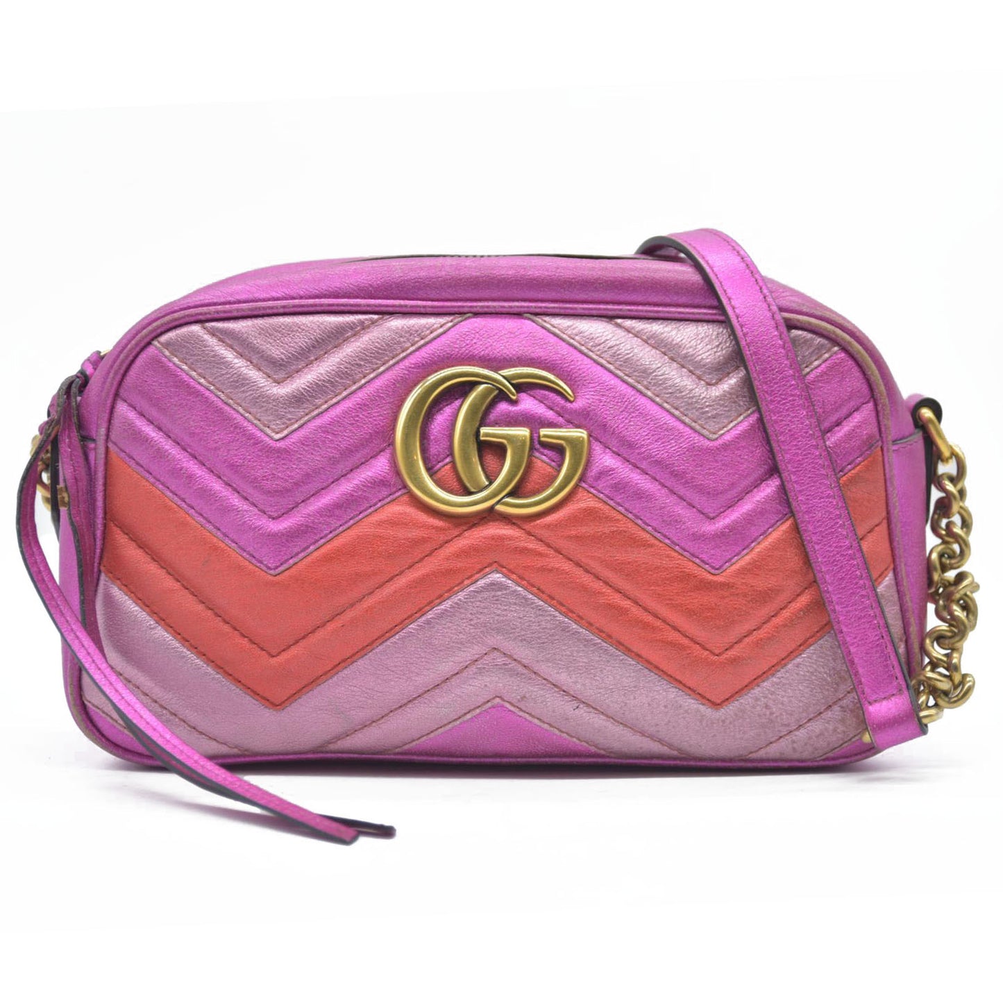 AUCTION $1950 Gucci  Laminated Nappa Matelasse Small GG Marmont Chain Shoulder Bag Fuxia Rosso Rosa