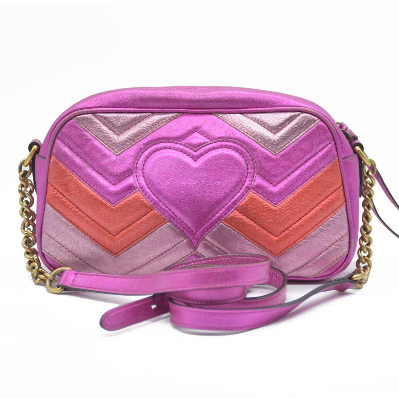 AUCTION $1950 Gucci  Laminated Nappa Matelasse Small GG Marmont Chain Shoulder Bag Fuxia Rosso Rosa