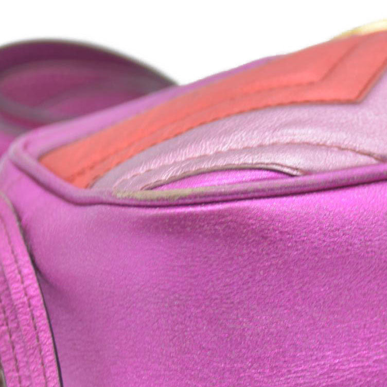 AUCTION $1950 Gucci  Laminated Nappa Matelasse Small GG Marmont Chain Shoulder Bag Fuxia Rosso Rosa