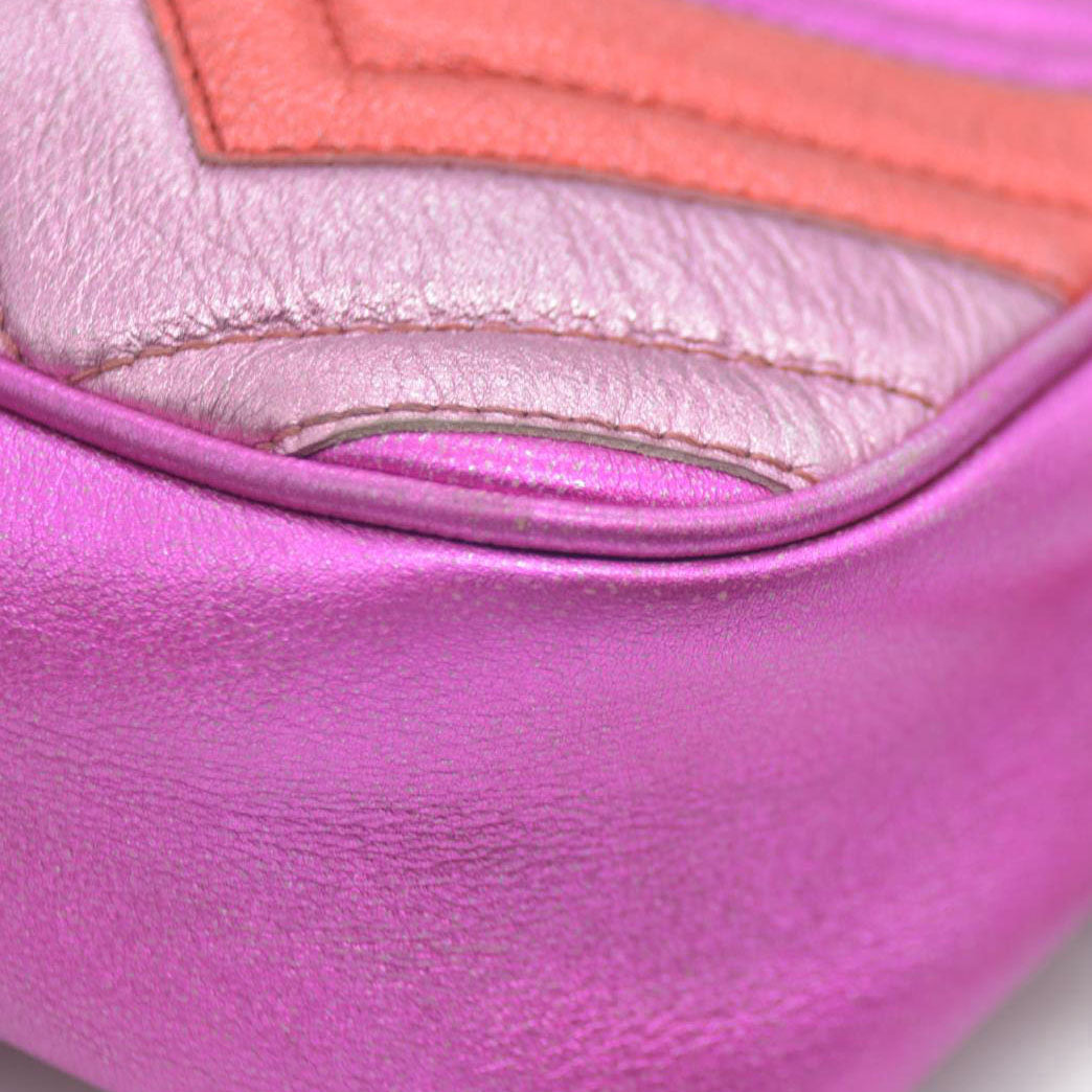 AUCTION $1950 Gucci  Laminated Nappa Matelasse Small GG Marmont Chain Shoulder Bag Fuxia Rosso Rosa