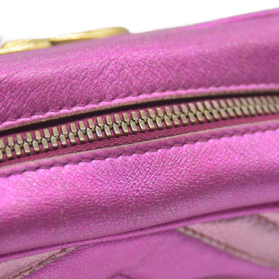 AUCTION $1950 Gucci  Laminated Nappa Matelasse Small GG Marmont Chain Shoulder Bag Fuxia Rosso Rosa