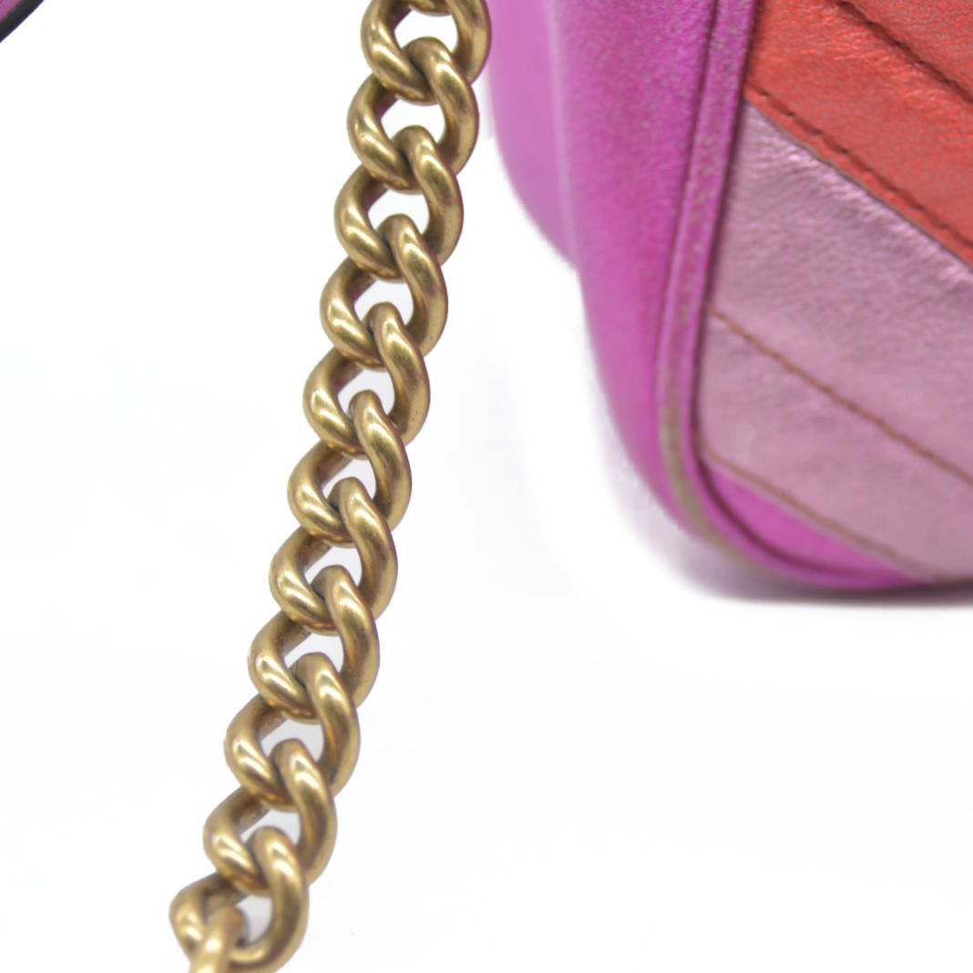 AUCTION $1950 Gucci  Laminated Nappa Matelasse Small GG Marmont Chain Shoulder Bag Fuxia Rosso Rosa