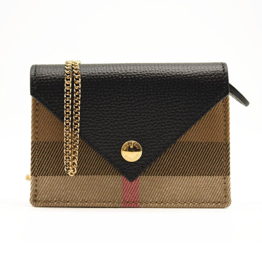 BURBERRY Grainy Calfskin Vintage Check Jade Card Case On Chain Black