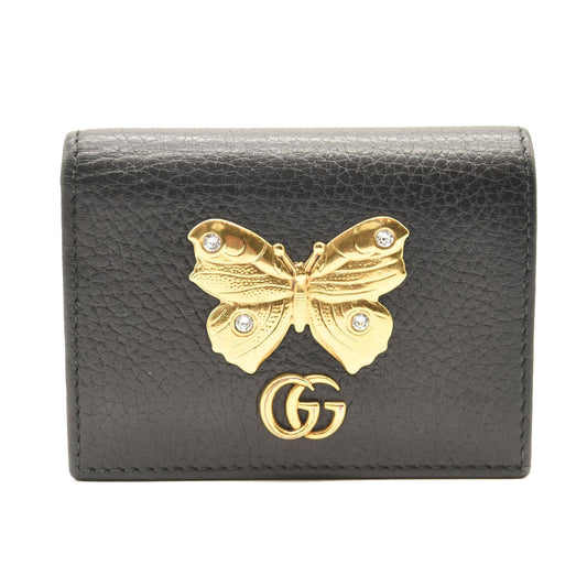 GUCCI Pebbled Calfskin Butterfly Card Case Perfect Black