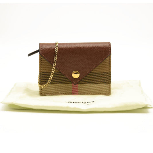 BURBERRY Grainy Calfskin Vintage Check Jade Card Case On Chain Brown
