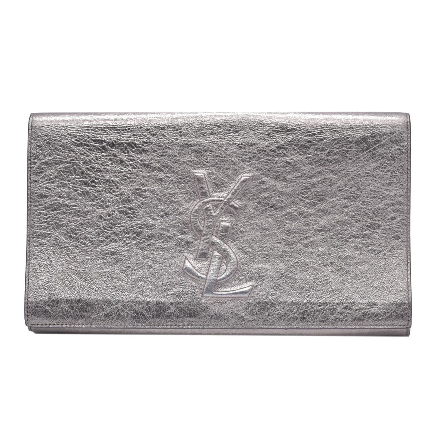 Saint Laurent Metallic Leather Large Belle De Jour Clutch Silver CONSIGNMENT