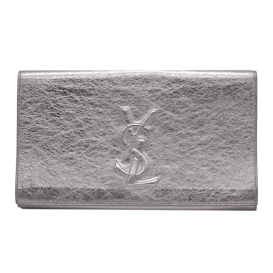 $820 Saint Laurent Metallic Leather Large Belle De Jour Clutch Silver CONSIGNMENT
