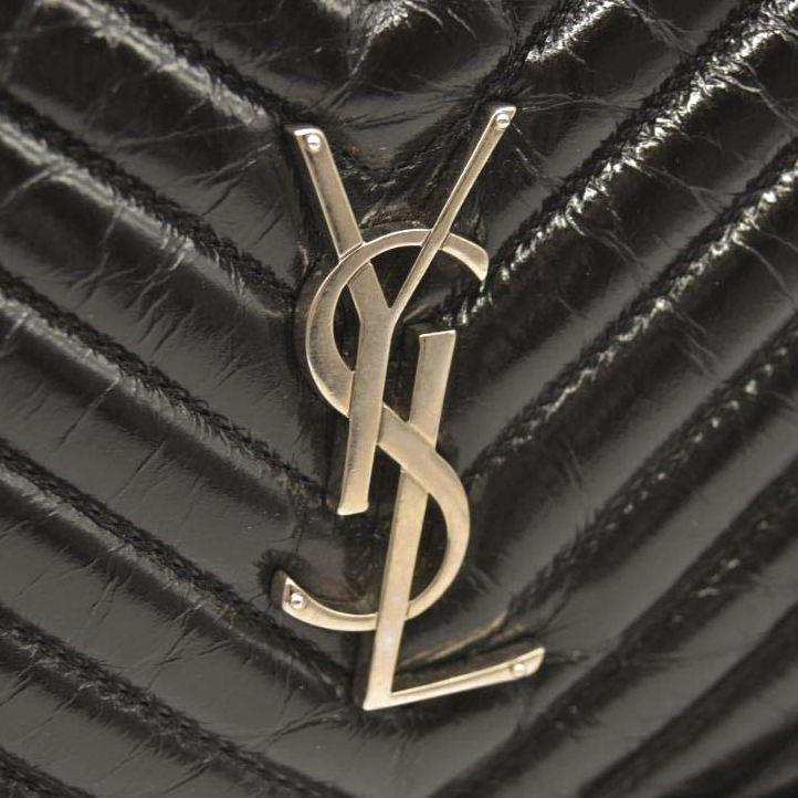 SAINT LAURENT Cracked Shiny Calfskin Matelasse Monogram Lou Camera Bag Black