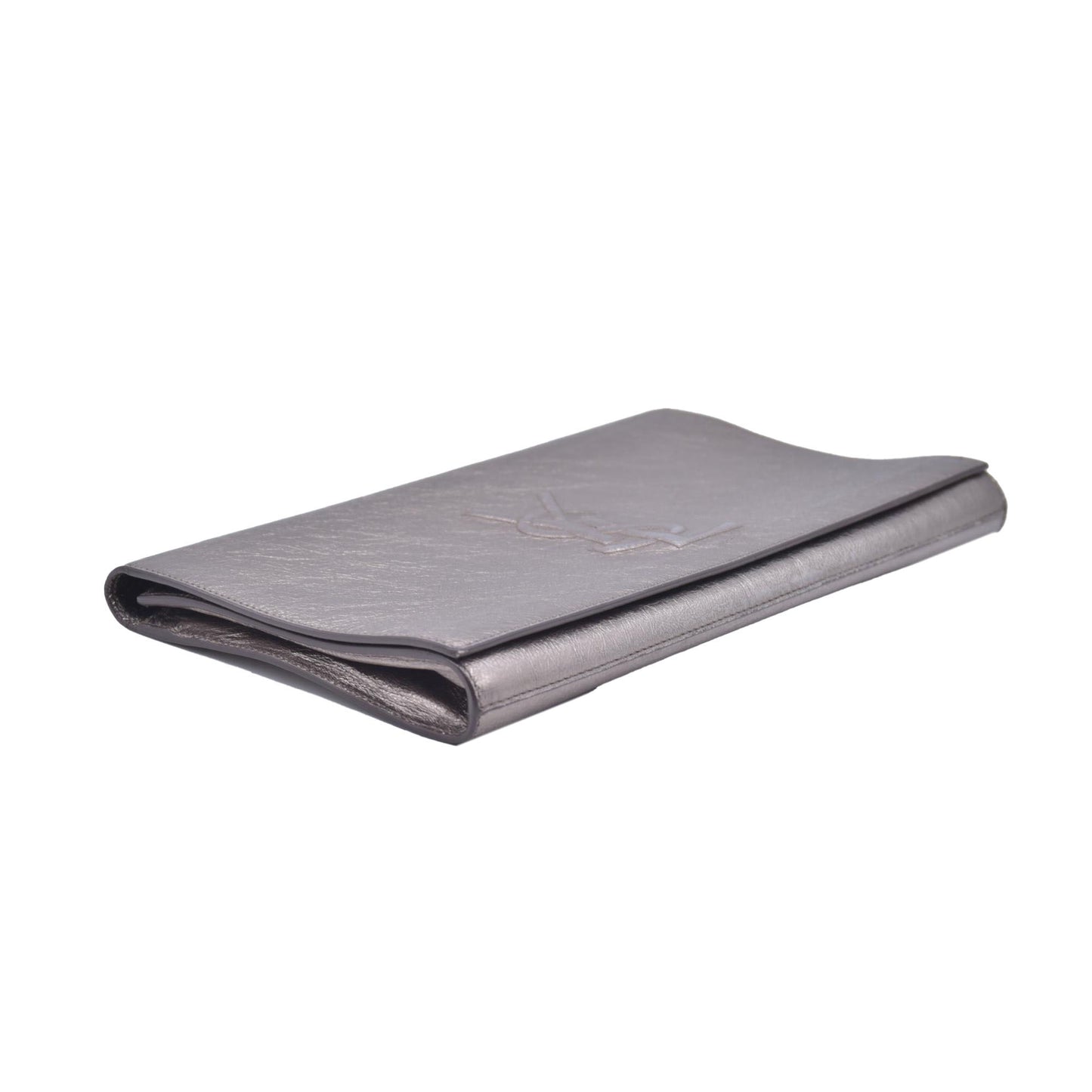 Saint Laurent Metallic Leather Large Belle De Jour Clutch Silver CONSIGNMENT