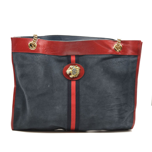 GUCCI Suede Calfskin Large Rajah Chain Tote New Blue Romantic Cherry