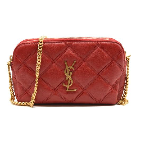 SAINT LAURENT Grained Lambskin Quilted Mini Becky Double Zip Bag Red