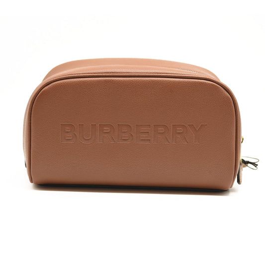 BURBERRY Pebbled Calfskin Logo Embossed Toiletry Bag Tan