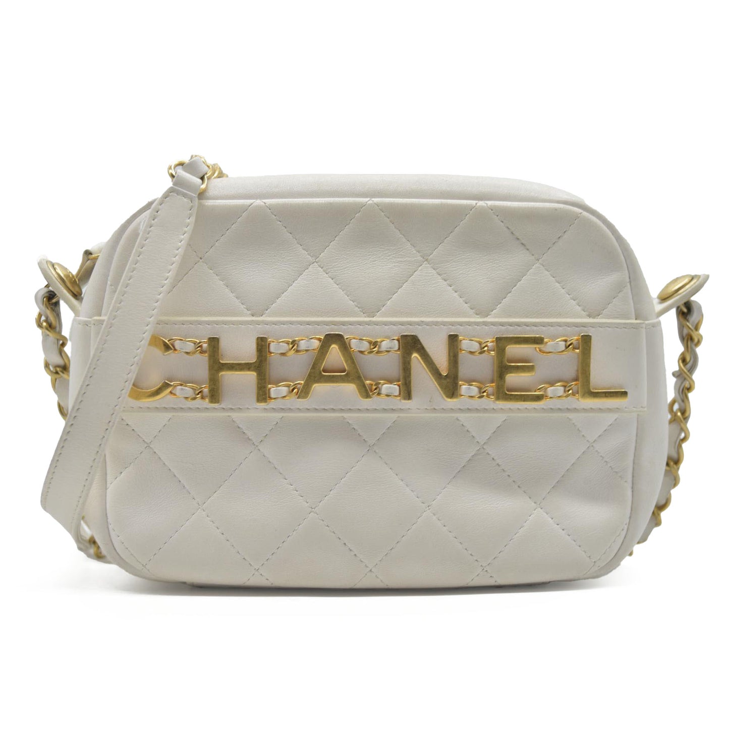 $4100 Chanel Calfskin Quilted Enchained Camera Case Bag White 2020
