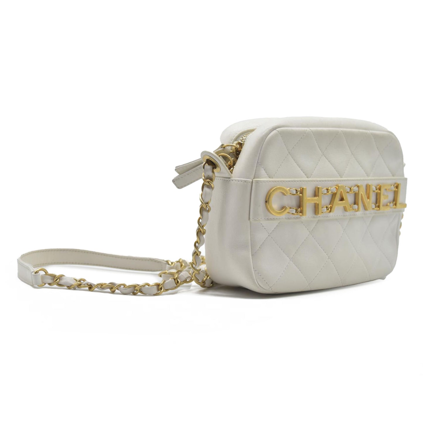 $4100 Chanel Calfskin Quilted Enchained Camera Case Bag White 2020