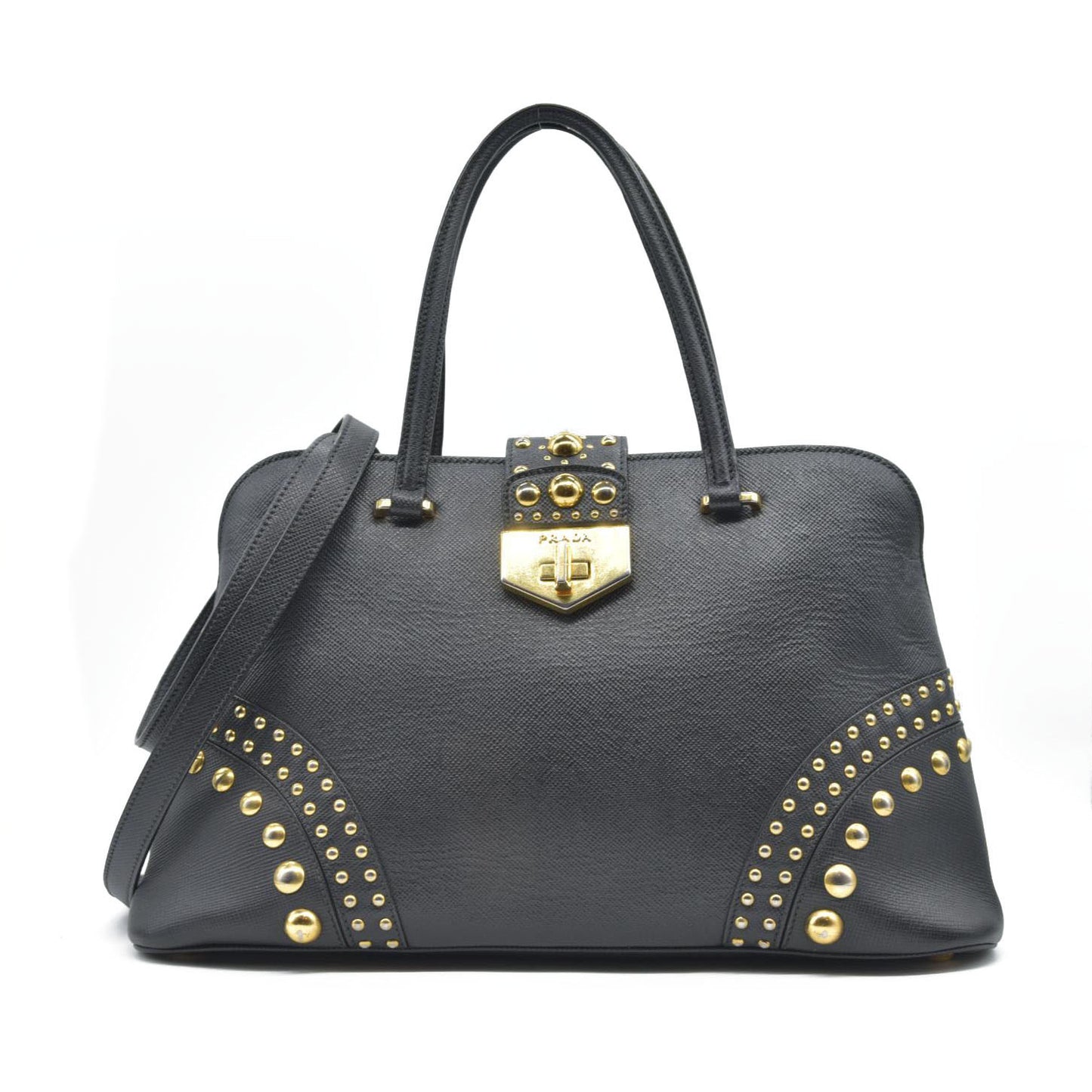 AUCTION $3450 Prada Black Leather Promenade Studded Satchel